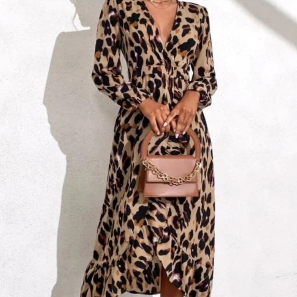 Boho Camel Leopard Print Wrap Ruffle Hem Maxi Dre… - image 3